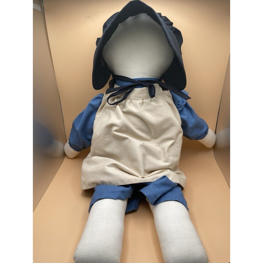 Vintage Amish Faceless Rag Doll Blue Dress Black Bonnet Apron Handmade